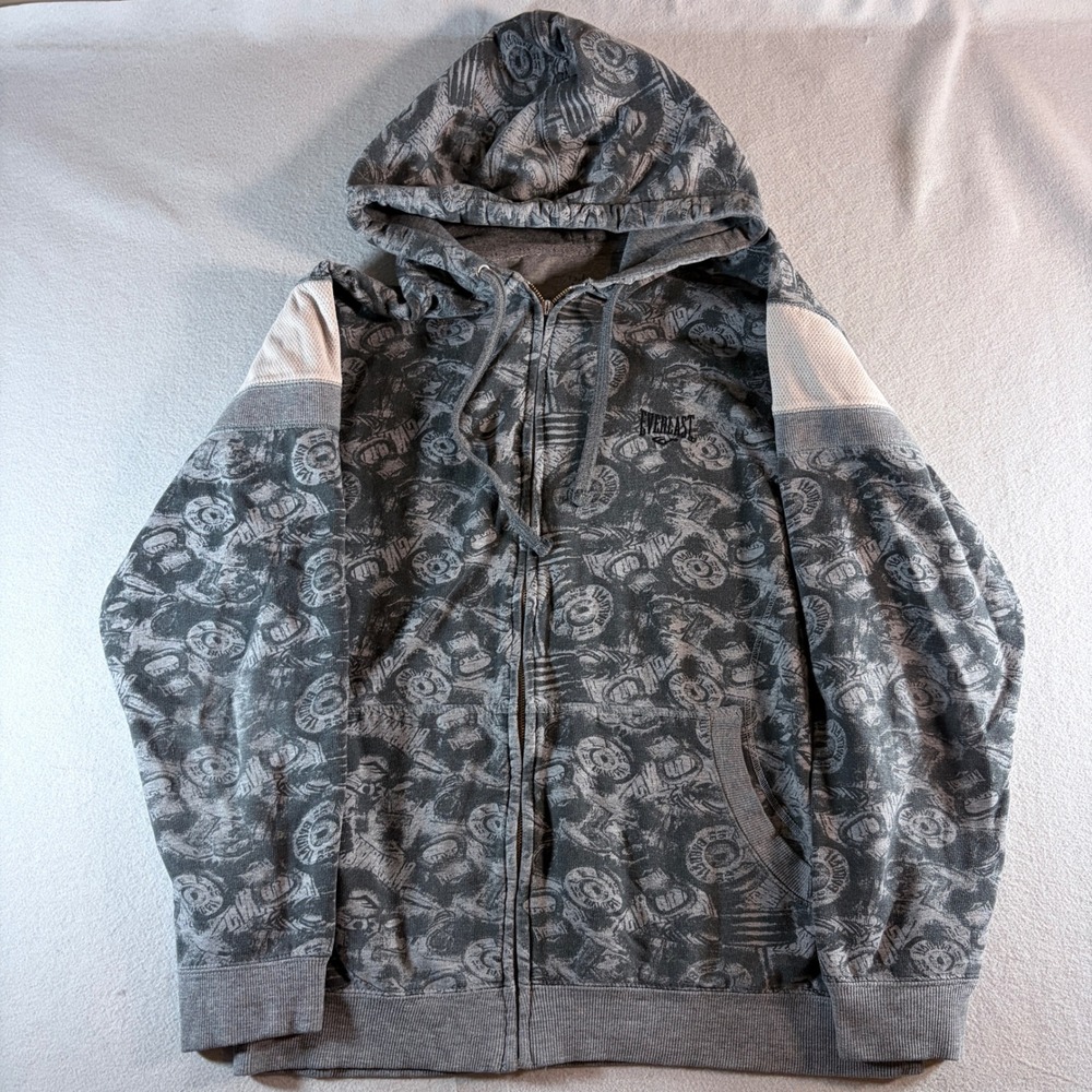 Rare Y2K Everlast Full Zip AOP Hoodie Men's Gym Dumbbells Jacket Size XL